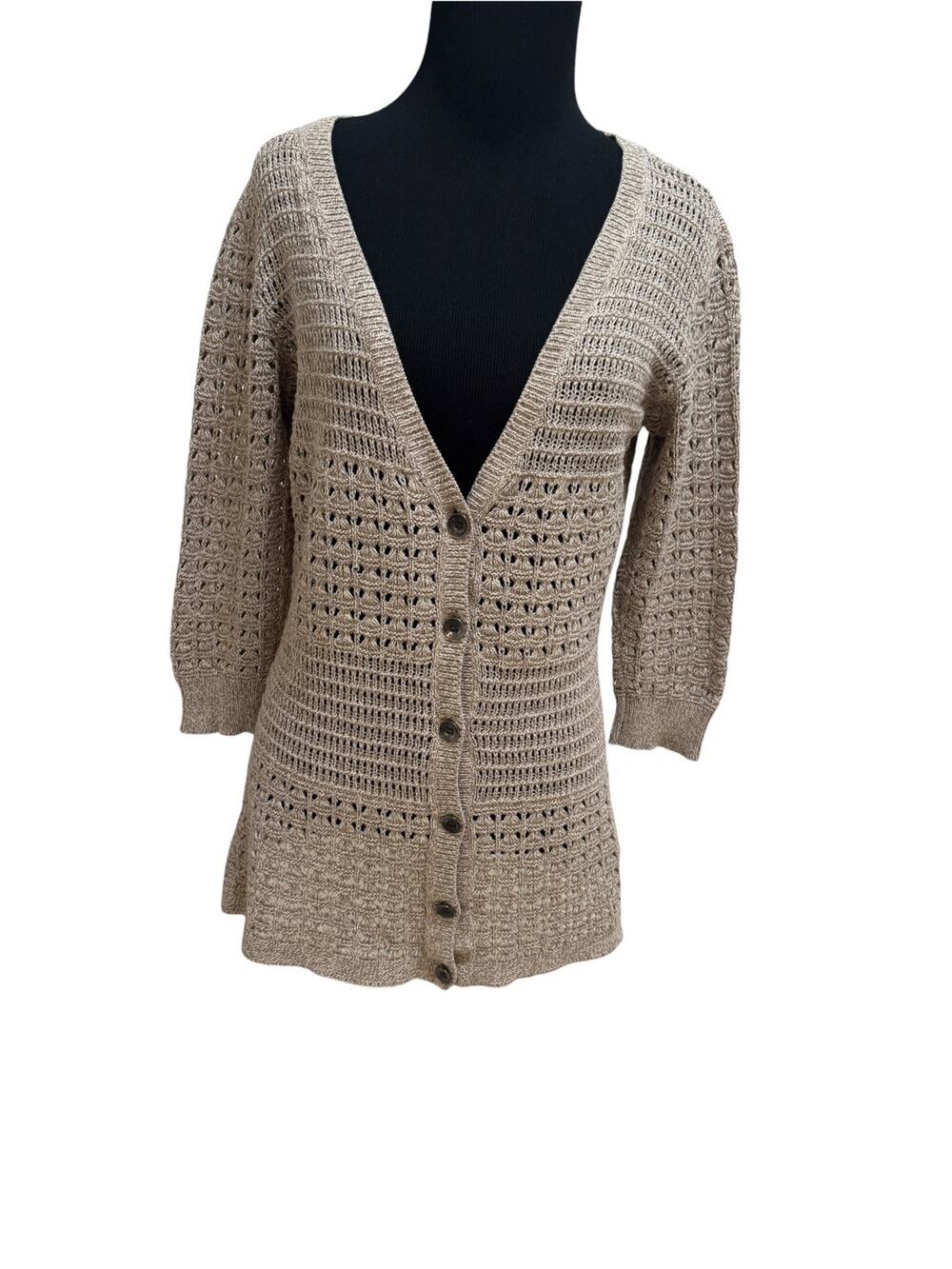 DKNY Jeans Taupe Sz M Button Cardigan Sweater Knit 3/4 Sleeve Cotton Blend
